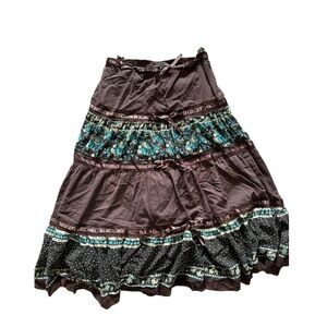 brown floral print boho fairy tiered skirt and bow details and lace trimming